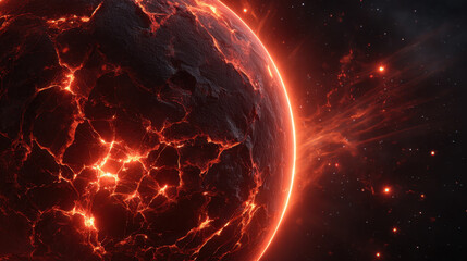 Obraz premium Molten planet with glowing lava cracks and fiery atmosphere in deep space, dramatic volcanic surface and sparks creating intense cinematic mood