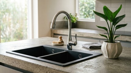 Fototapeta premium Sleek integrated double basin kitchen sink with sculptural chrome faucet and concrete countertop