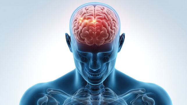 Frontal medical illustration of human brain with highlighted frontal lobe activity and semi transparent skull showing upper spine and shoulder bones, clinical neural concept conveying focus