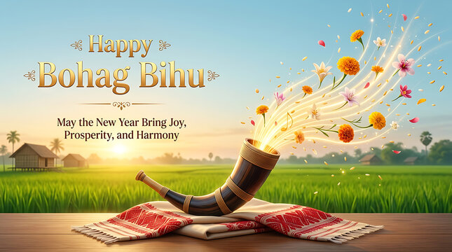 Happy bohag bihu celebration with traditional assamese horoscope and flowers on a colorful cloth in a green field at sunset