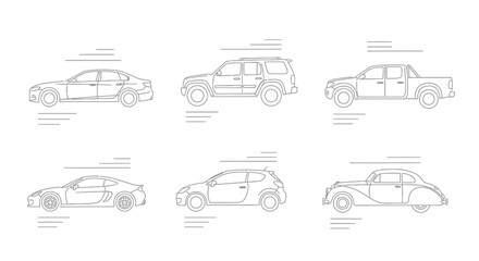 Obraz premium Outlined car collection diverse vehicles isolated on white background