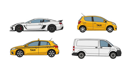 Obraz premium Set of four different cars sports coupe taxi hatchback delivery van