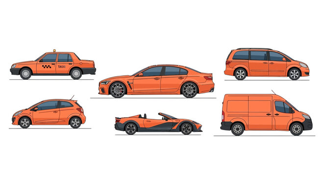 Orange vehicles collection sedan hatchback convertible taxi van and minivan