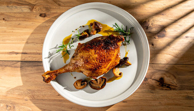 Confit de Canard Crispy Duck Leg on Clean Wooden Background
