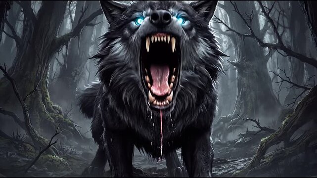 Snarling Black Dire Wolf with Glowing Blue Eyes in Dark Misty Forest