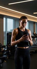 Naklejka premium Portrait Of A Young Physically Fit Woman Using Mobile Phone In Gym