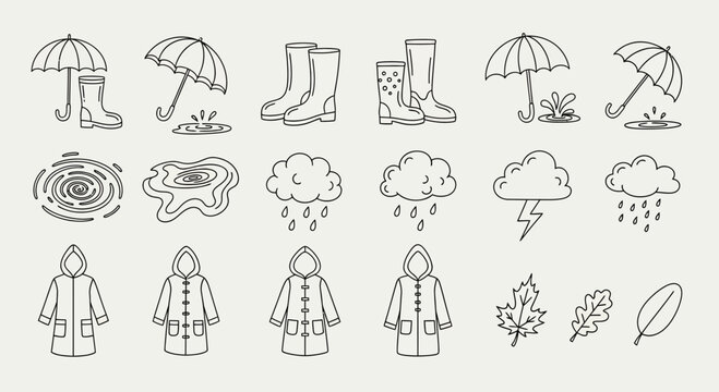 Rainy season icon set umbrellas boots clouds raincoats and leaves