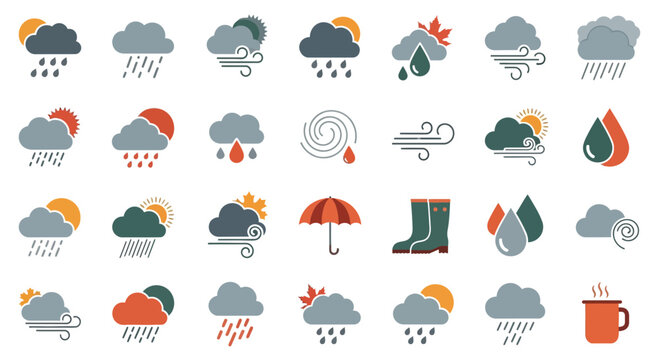 Weather icons set illustrating rain clouds wind sunshine and autumn elements