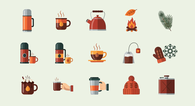 Winter icons set coffee cups thermos kettle fire leaves and more