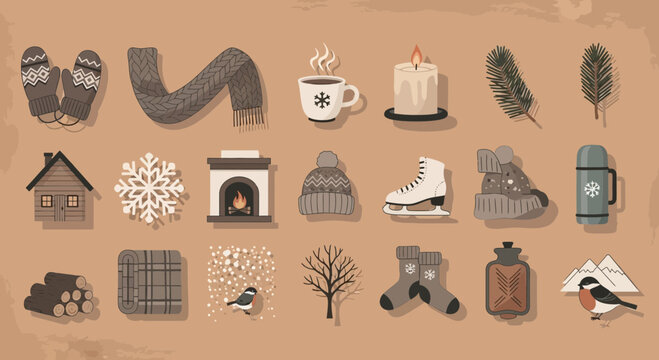 Winter season icons set cozy mittens scarf cup candle and more