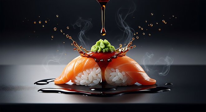 Salmon Sushi Nigiri with Dramatic Sauce Splash and Steam &ndash; Japanese Cuisine Close Up, Gourmet Food Art with Wasabi and Soy Sauce, Dark Background, High Speed Food Photography with Copy Space