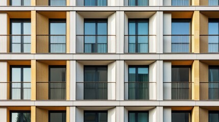 Fototapeta premium Modern apartment building facade with repeating rectangular windows and balconies