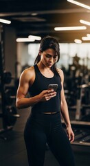 Fototapeta premium young sportswoman looking at smartphone in fitness center and using app
