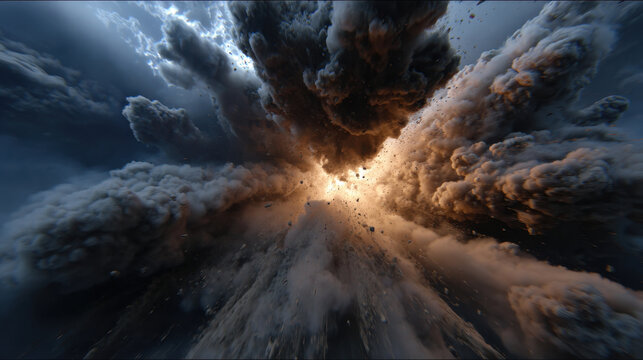 Dramatic upward perspective of fiery explosion with billowing smoke and flying debris, cinematic lighting creates tension and dynamic movement in stormy sky