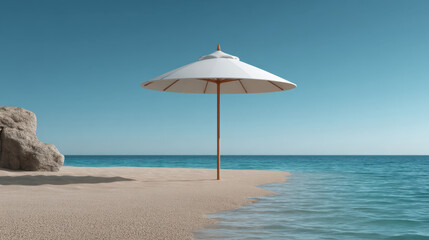 Fototapeta premium White beach umbrella standing alone on empty sandy coastline with gentle waves and clear blue sky creating calm serene mood
