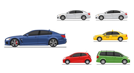 Fototapeta premium Variety of colorful car illustrations on white background for transportation
