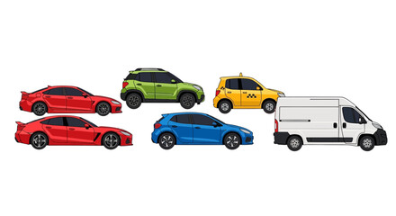 Fototapeta premium Variety of colorful cars and transportation vehicles on white background