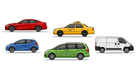 Naklejka premium Variety of colorful vehicles isolated on white background for transportation