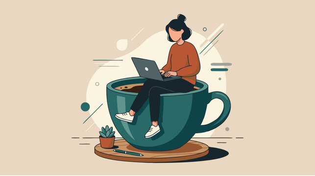 A person working on a laptop in a large teacup illustration