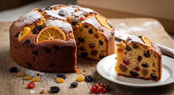 Delicious fruitcake with powdered sugar and sliced orange on a wooden table
