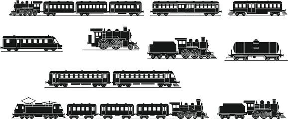 Vintage and modern train silhouettes collection isolated on white background, locomotive vector set for railway transportation, steam engine travel, and industrial freight logistics. © Khorshed