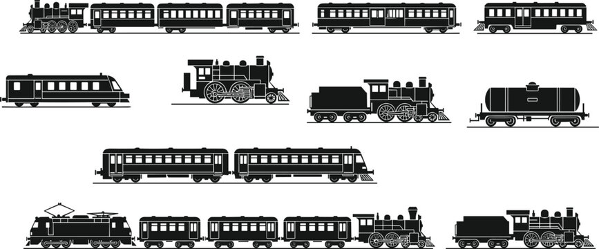 Vintage and modern train silhouettes collection isolated on white background, locomotive vector set for railway transportation, steam engine travel, and industrial freight logistics.