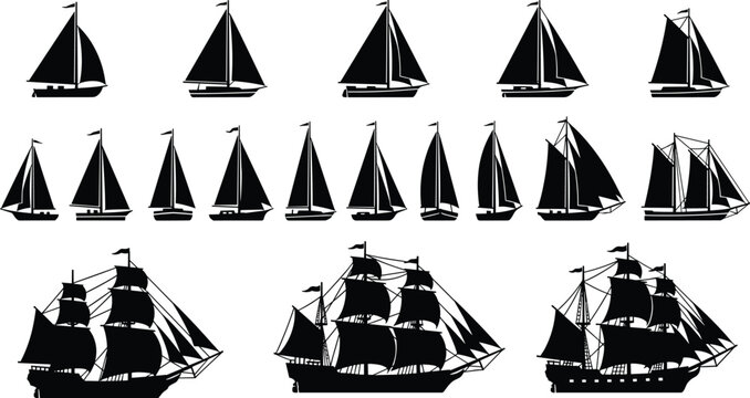 Large collection of sailboat silhouettes featuring modern yachts schooners and historic tall ships with detailed rigging and sails isolated on white background for nautical design.