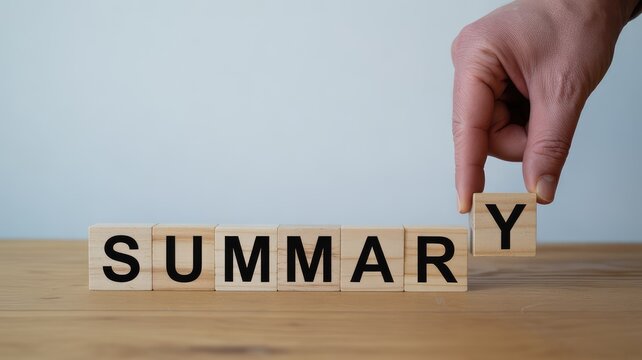 Hand placing wooden letter cube spelling the word summary demonstrates concept of concise final overview