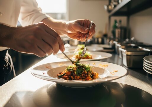 Chef garnishing a plate of food in a professional kitchen setting carefully
