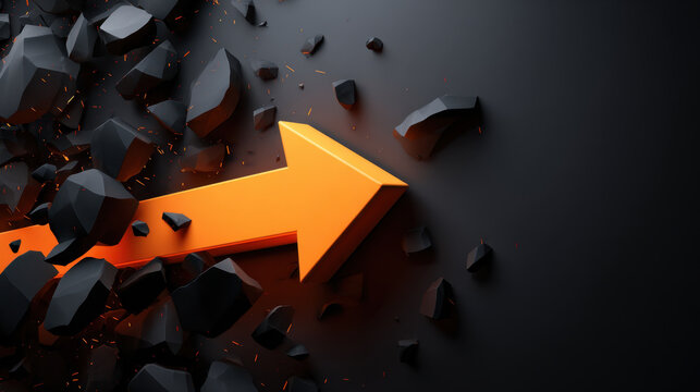 Orange arrow breaking through black wall with flying rock fragments and sparks, dynamic high contrast composition conveying momentum and impact