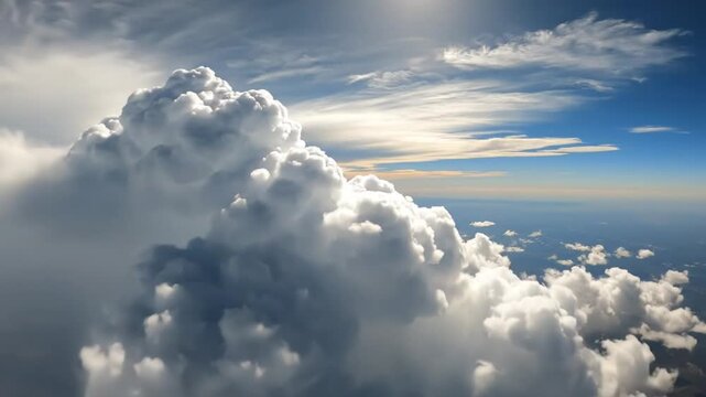 Epic aerial view of fluffy white cumulus clouds with wispy cirrus clouds and deep blue sky