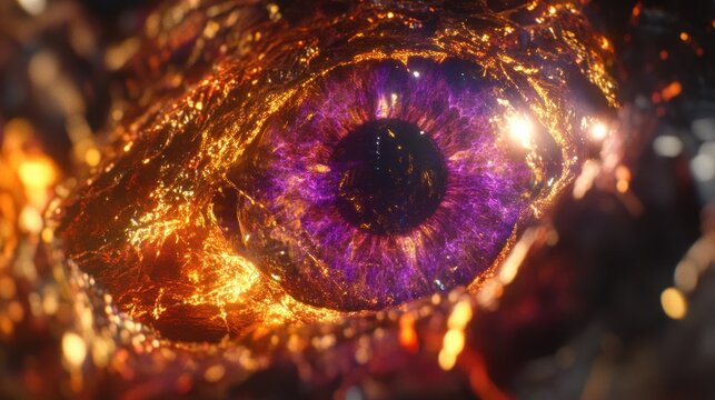 Close-up of a glowing, fiery eye with a vibrant purple iris