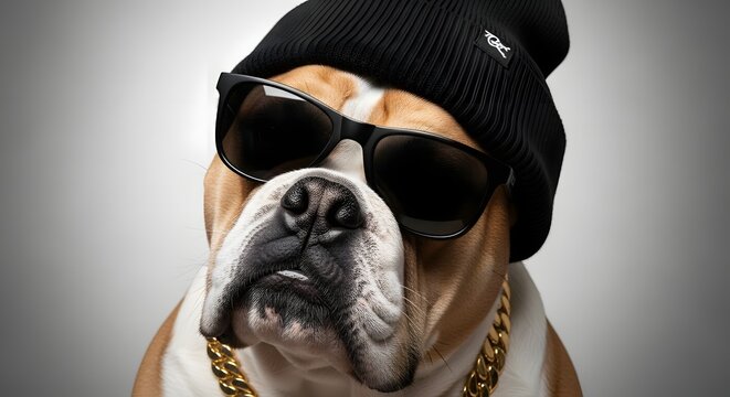 Cool Bulldog Wearing Sunglasses and a Beanie
