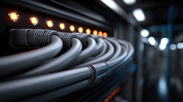 Photorealistic tightly bundled network cables plugged into rack with illuminated status lights conveying organized connectivity and modern data center efficiency and precision