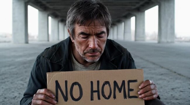 Homeless man holds a "NO HOME" sign, depicting the grim reality of his difficult living situation.
