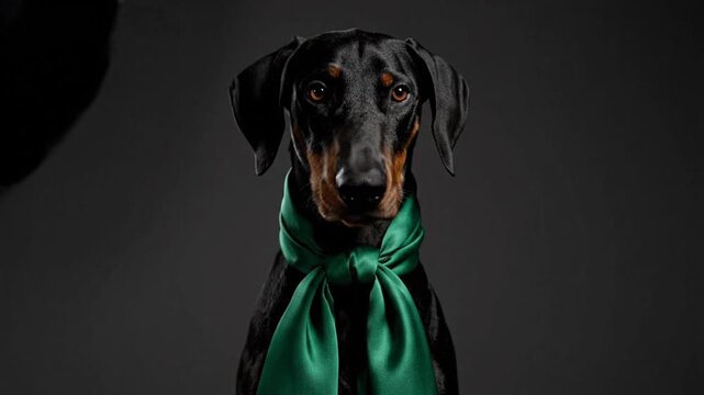 Elegant Doberman Pinscher dog wearing a stylish green satin scarf