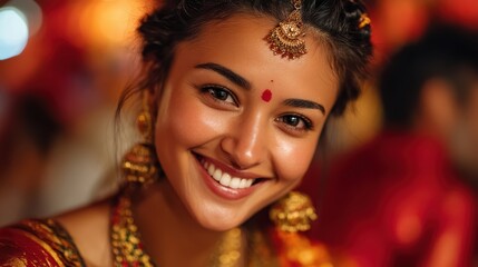 Fototapeta premium Joyful Indian Woman with Traditional Jewelry and Warm Smile, Portrait