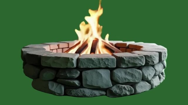 Various Outdoor Fire Pits and Bonfires Collection with Crackling Flames on Green Screen Background