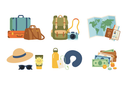 Ultimate travel essential set with suitcase backpack camera passport and neck pillow flat vector