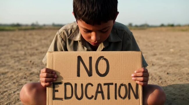 Pensive young boy sits on dry ground holding a compelling "NO EDUCATION" sign.