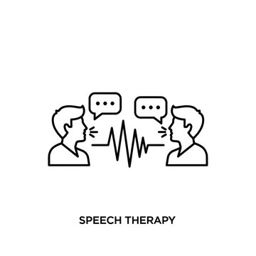 Speech therapy concept with two people talking and sound waves in between, representing communication and voice assistance.