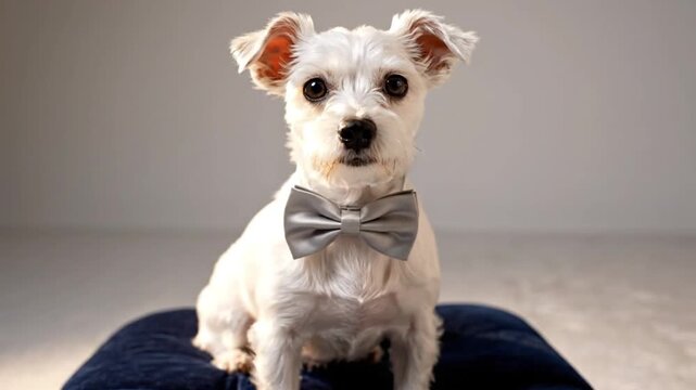 Charming white dog with a grey bow tie posing on a soft blue cushion