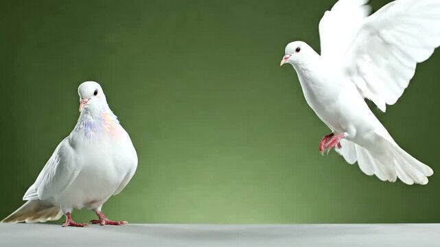 Two white doves on green background.
