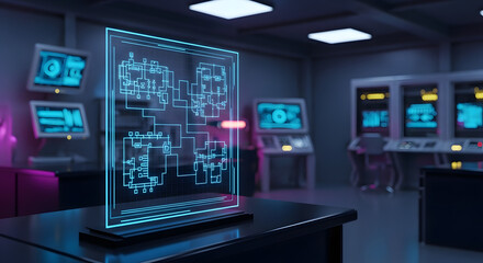 Fototapeta premium Futuristic holographic interface displaying complex schematics in a high-tech control room environment