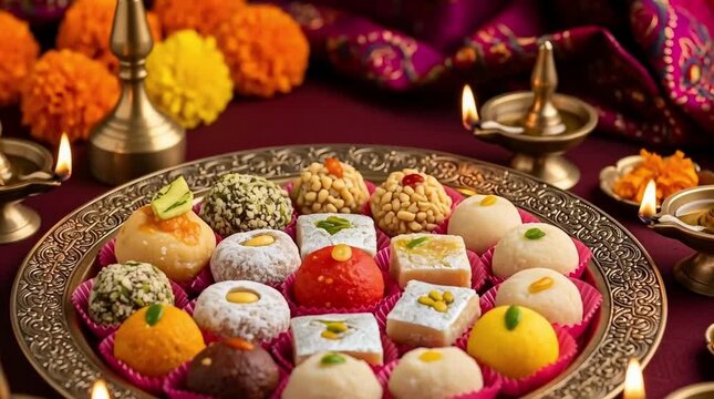 Traditional Indian sweets mithai with lit diyas for Diwali festival celebration, festive dessert arrangement