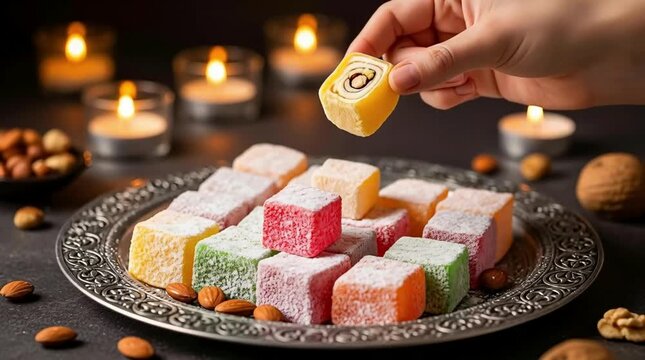 Hand picking colorful Indian sweets mithai with lit diyas during Diwali festival celebration festive dessert scene