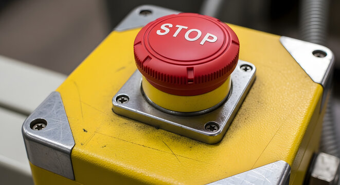 A prominent red emergency stop button on industrial machinery, symbolizing critical safety measures and immediate operational control within a busy factory setting