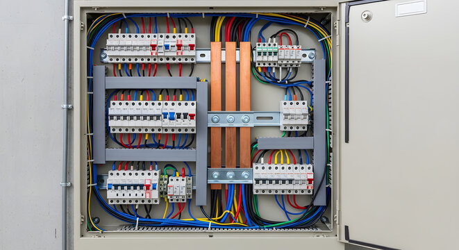 Inside an electrical panel organized circuit breakers, colorful wires, and copper busbars, forming a critical system for reliable power distribution, control, and safety