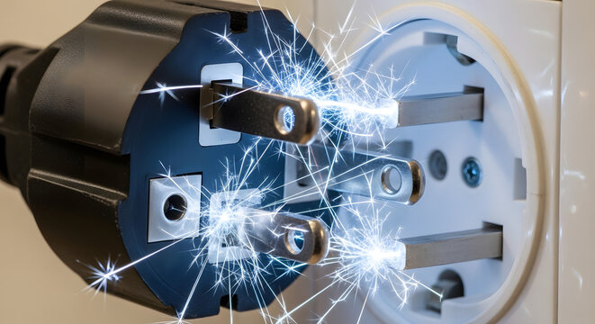 Electrical plug sparking dangerously as it is inserted into a wall socket, posing a fire hazard
