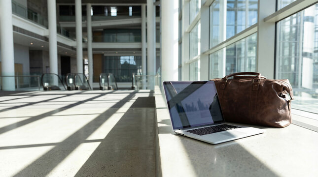 Modern workspace with laptop and travel bag, bathed in natural light, ready for remote work or a business trip.